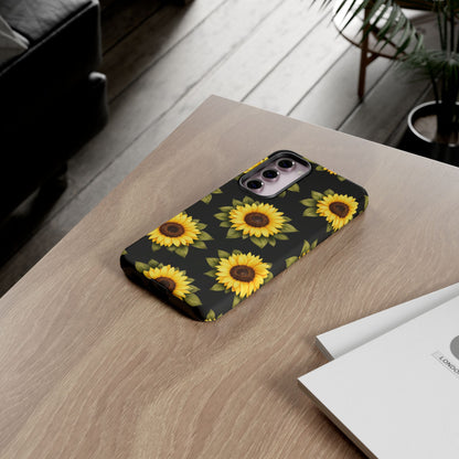 Sunflower Floral Tough Phone Case – Black Background Protective Cover for Iphone, Samsung Galaxy and Pixel