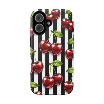 Cherry Pattern Phone Case Black White Stripe Retro Aesthetic Tough Cover