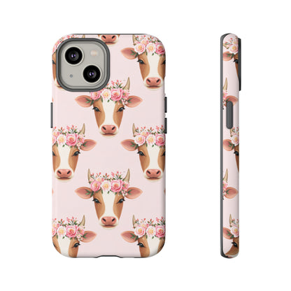 Floral Cow Phone Case – Cute Pink Cow Print Tough Protective Case for Iphone, Samsung Galaxy and Pixel