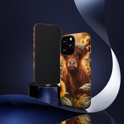 Highland Cow Sunflower Phone Case | Floral Farmhouse iPhone, Samsung Galaxy and Pixel Cover
