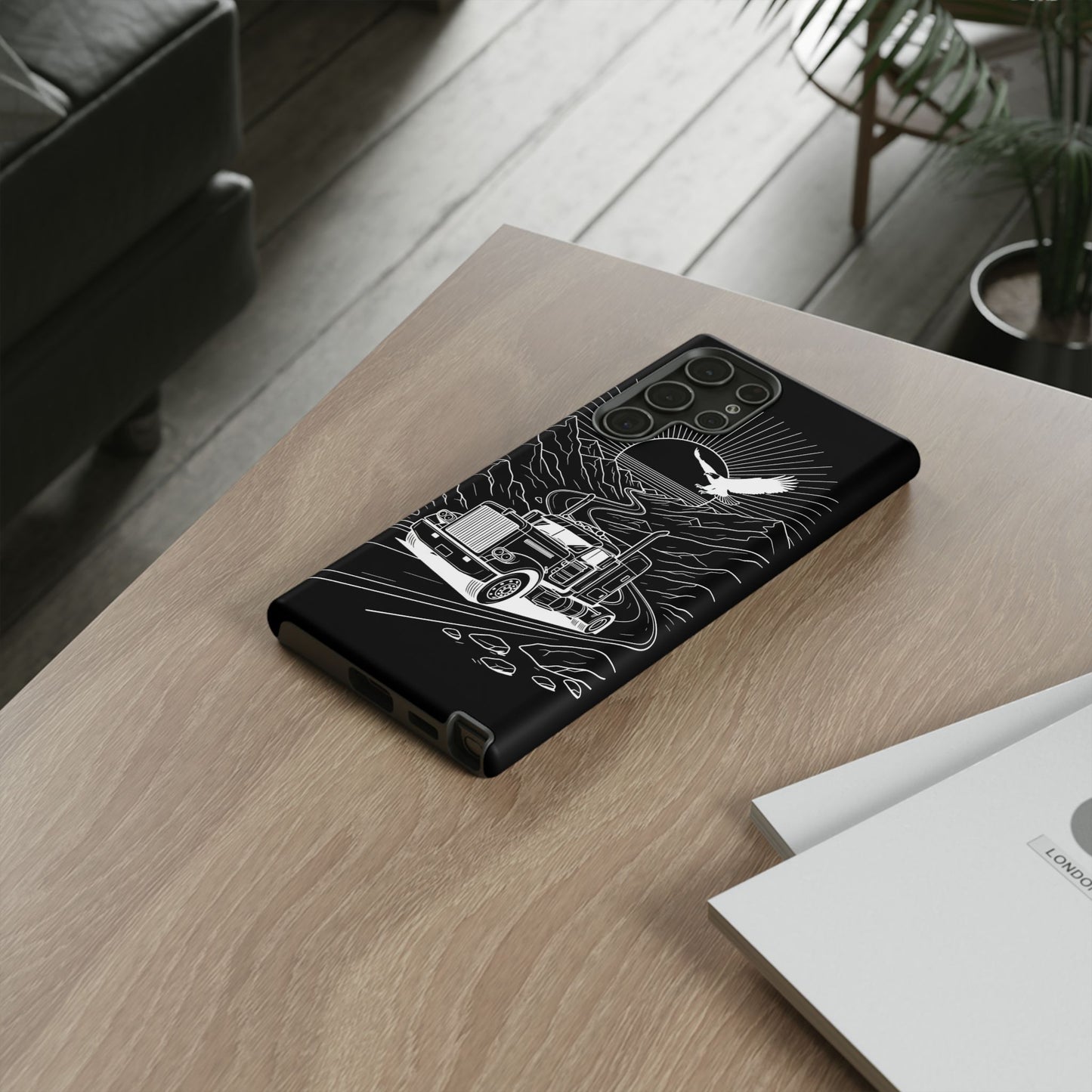 Trucker Highway Phone Case | Eagle & Mountain Line Art | Black Western Tough Case