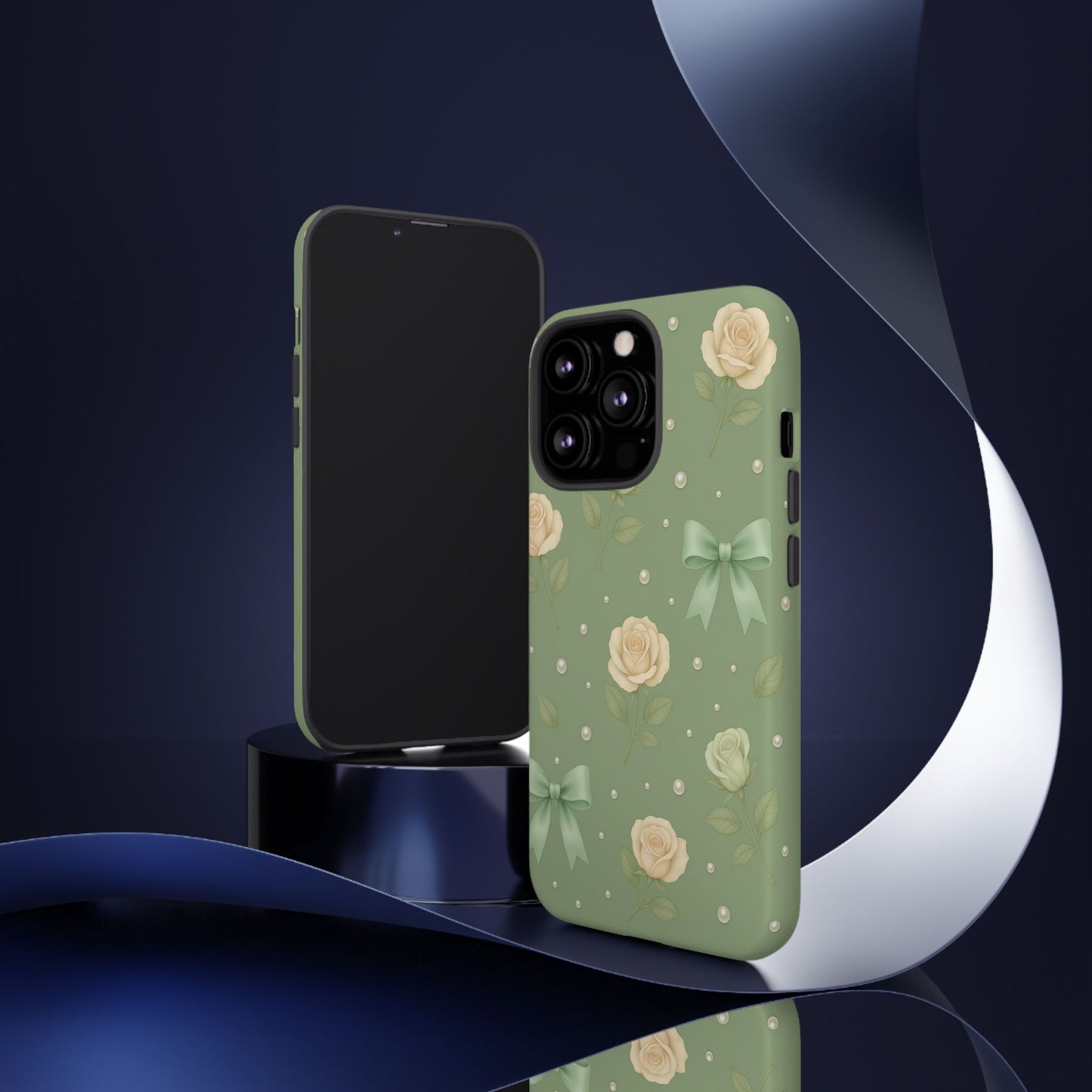 Vintage Rose Bow Phone Case – Sage Green Floral Coquette Aesthetic Tough Case (iPhone, Samsung, Pixel)