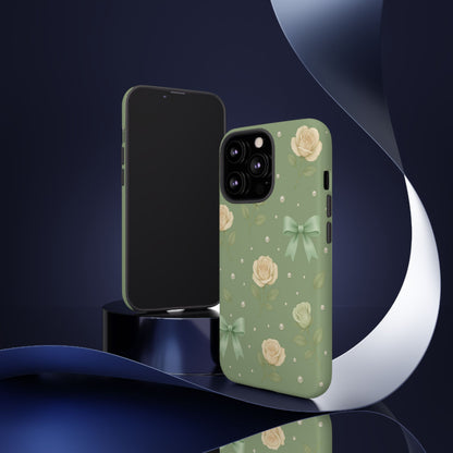 Vintage Rose Bow Phone Case – Sage Green Floral Coquette Aesthetic Tough Case (iPhone, Samsung, Pixel)