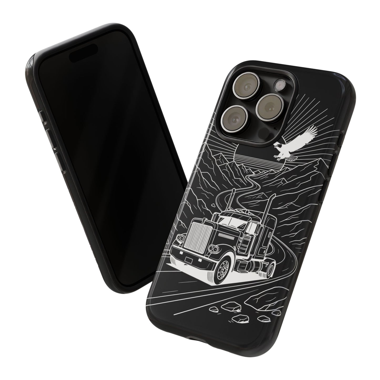 Trucker Highway Phone Case | Eagle & Mountain Line Art | Black Western Tough Case