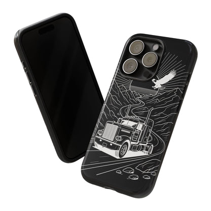 Trucker Highway Phone Case | Eagle & Mountain Line Art | Black Western Tough Case