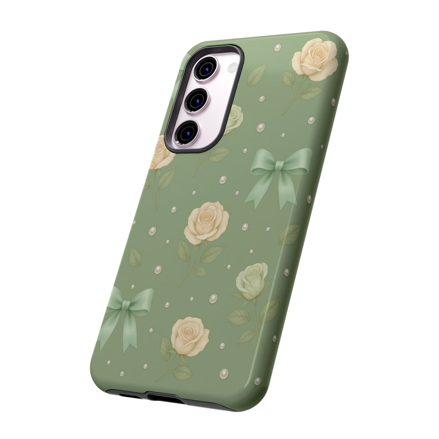 Vintage Rose Bow Phone Case – Sage Green Floral Coquette Aesthetic Tough Case (iPhone, Samsung, Pixel)