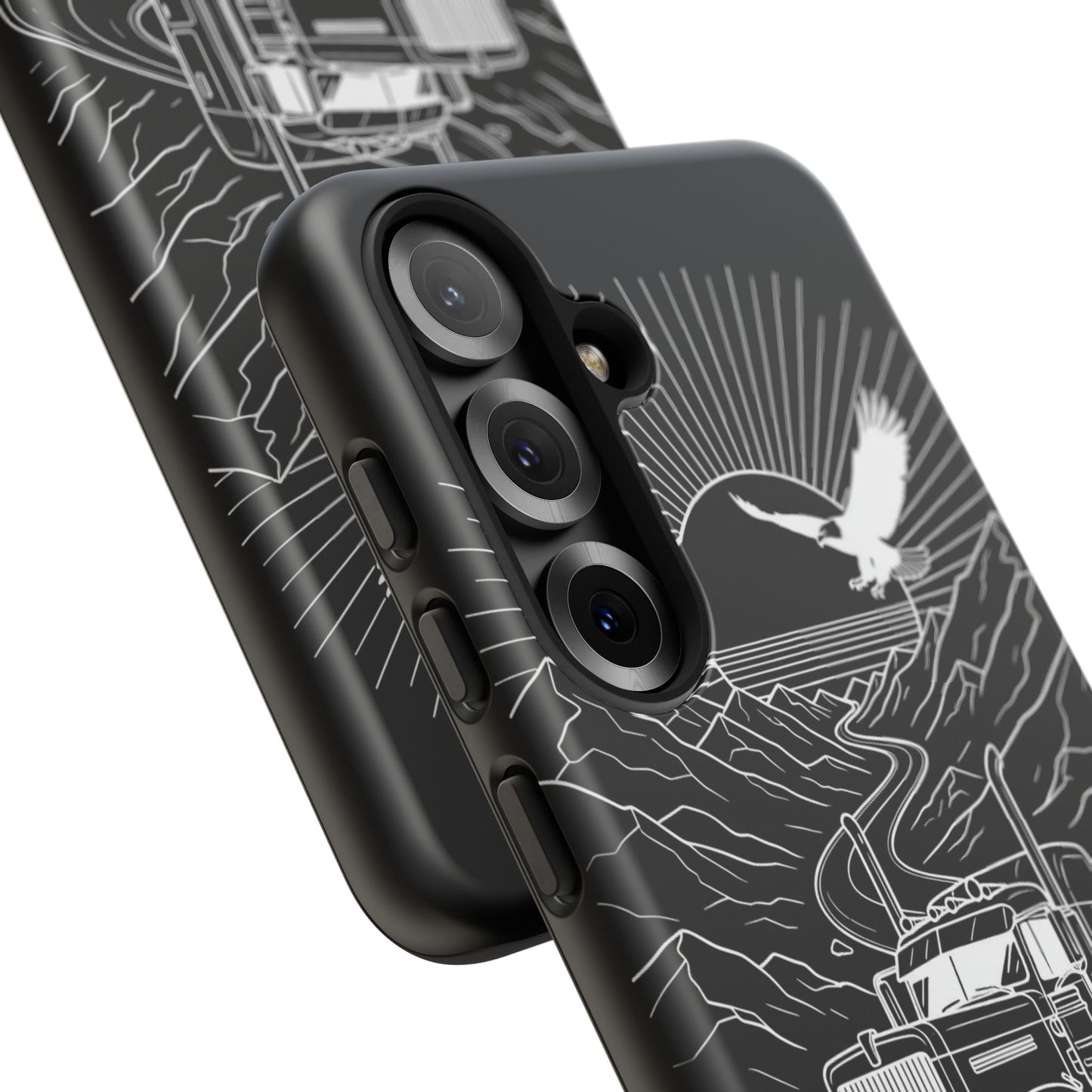 Trucker Highway Phone Case | Eagle & Mountain Line Art | Black Western Tough Case