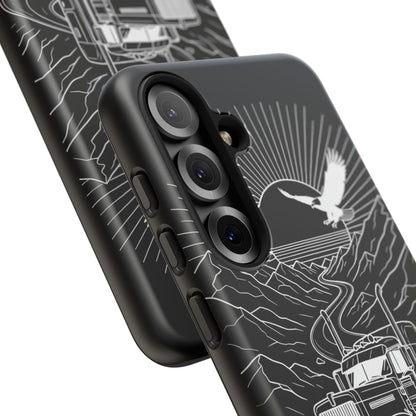 Trucker Highway Phone Case | Eagle & Mountain Line Art | Black Western Tough Case