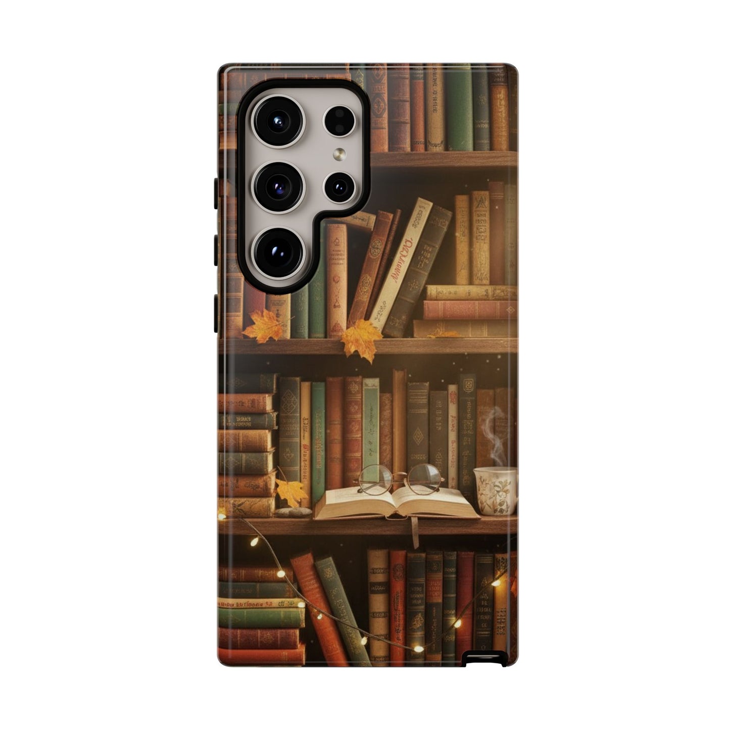 Cozy Vintage Bookshelf Phone Case, Library Aesthetic Book Stack, Autumn Coffee Vibes (iPhone, Samsung, Pixel)