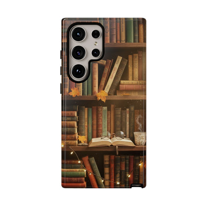 Cozy Vintage Bookshelf Phone Case, Library Aesthetic Book Stack, Autumn Coffee Vibes (iPhone, Samsung, Pixel)