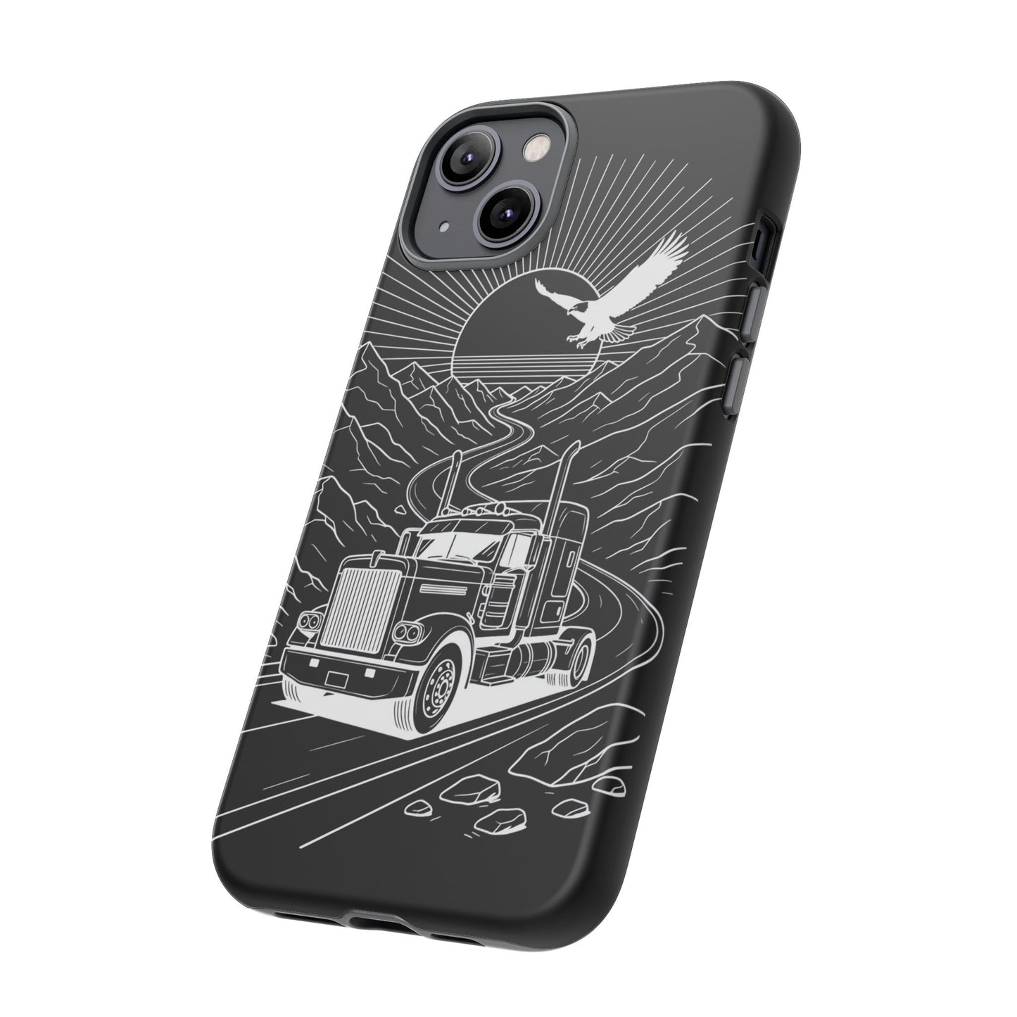Trucker Highway Phone Case | Eagle & Mountain Line Art | Black Western Tough Case