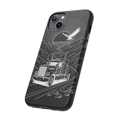 Trucker Highway Phone Case | Eagle & Mountain Line Art | Black Western Tough Case