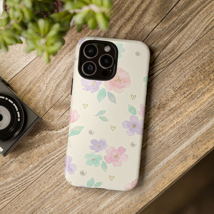 Pastel Floral Phone Case – Coquette Watercolor Flower Hearts Tough Case (iPhone, Samsung, Pixel)