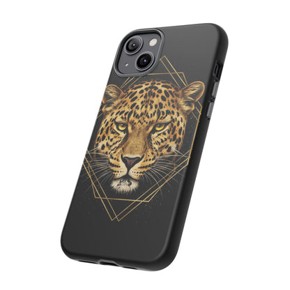 Leopard Head Geometric Phone Case – Black & Gold Luxe Tough Case