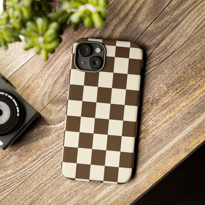 Mocha Checkerboard Phone Case | Neutral Aesthetic Checkered iPhone & Samsung Tough Case