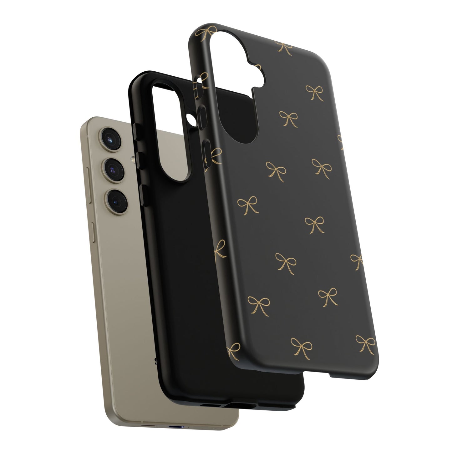 Black Phone Case with Gold Bow Pattern – Slim Protective Cute Aesthetic Cover for Iphone, Samsung Galaxy and Pixel