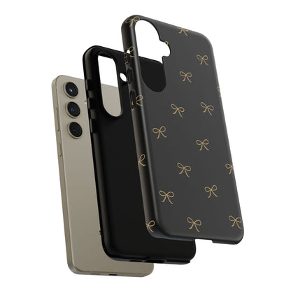 Black Phone Case with Gold Bow Pattern – Slim Protective Cute Aesthetic Cover for Iphone, Samsung Galaxy and Pixel