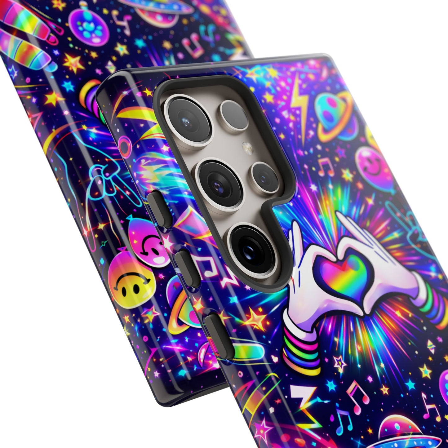 Rainbow Heart Hands Phone Case – Neon Galaxy EDM Festival Tough Cover