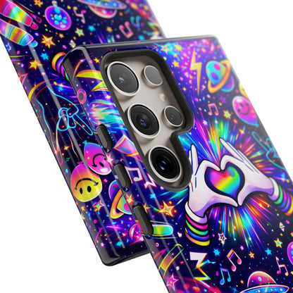 Rainbow Heart Hands Phone Case – Neon Galaxy EDM Festival Tough Cover