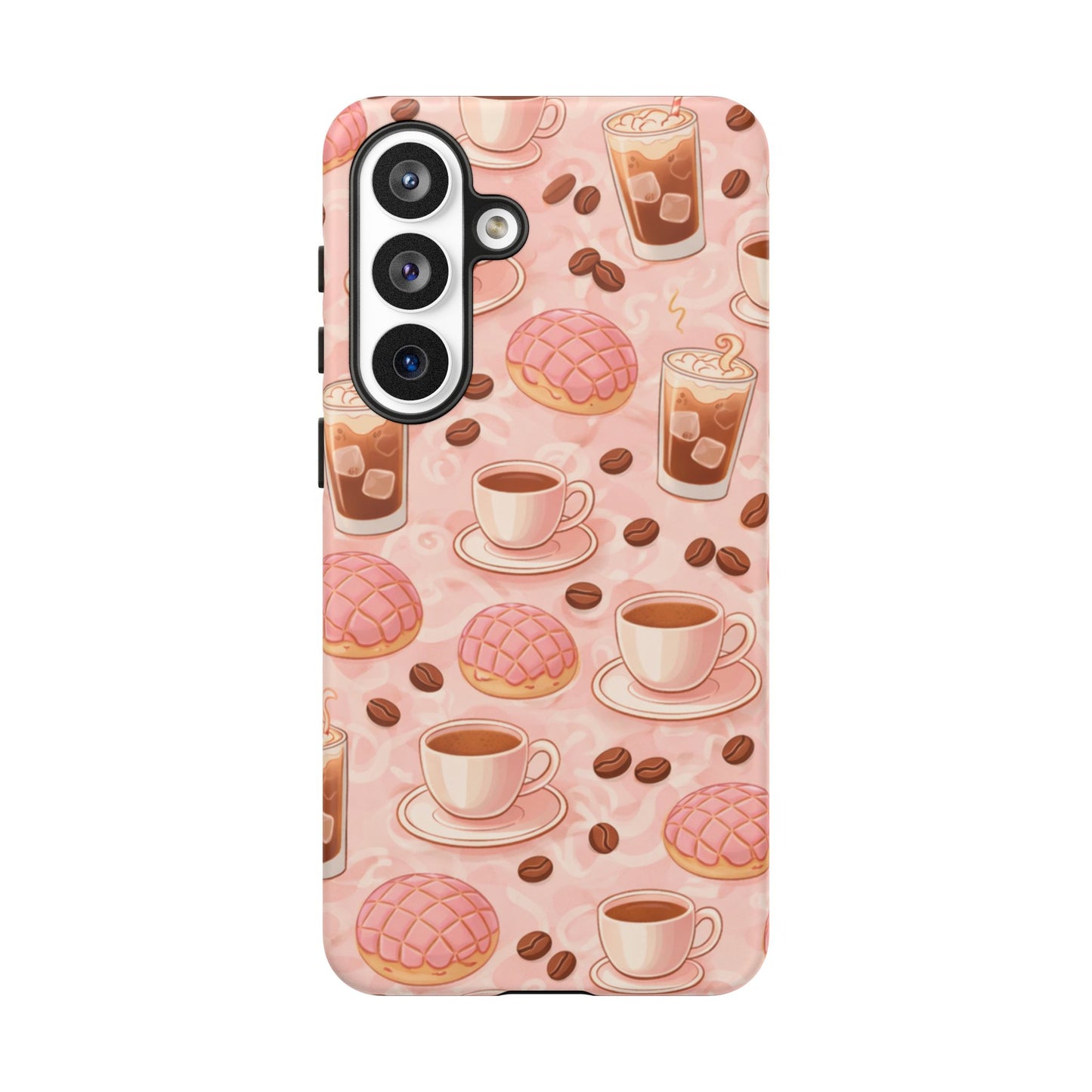 Cute Coffee & Pink Concha Phone Case – Coffee Lover Aesthetic Latte Pattern Tough Case