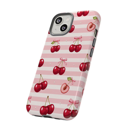 Coquette Cherry Bow Phone Case | Cute Pink Aesthetic Cherry Pattern Tough Case for iPhone & Samsung