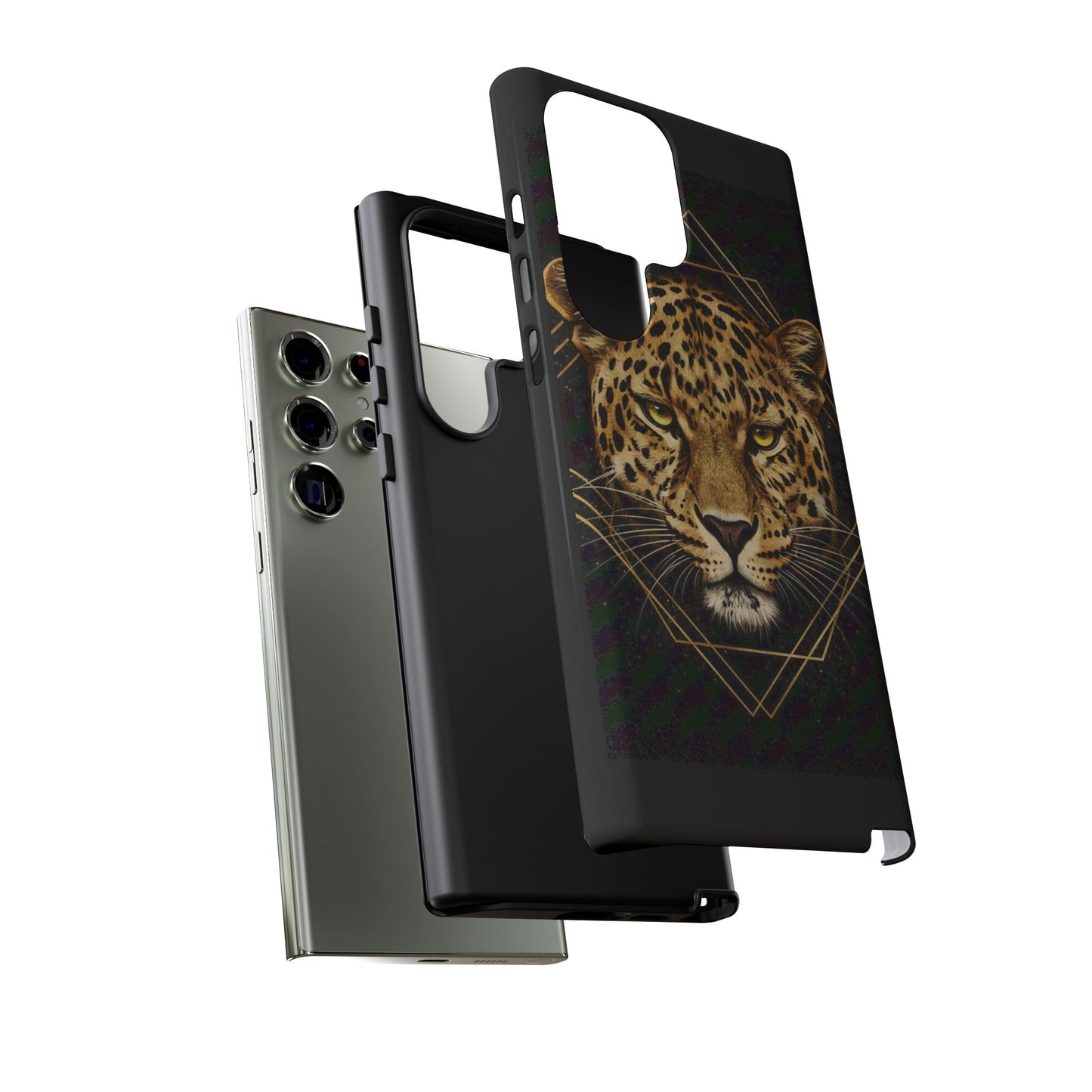 Leopard Head Geometric Phone Case – Black & Gold Luxe Tough Case