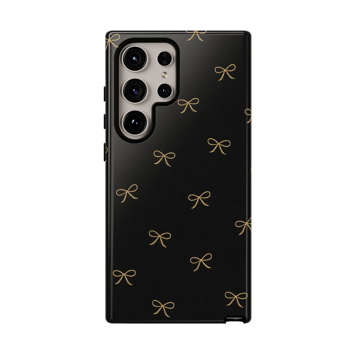 Black Phone Case with Gold Bow Pattern – Slim Protective Cute Aesthetic Cover for Iphone, Samsung Galaxy and Pixel