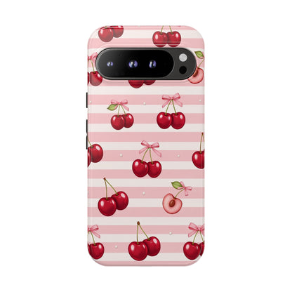 Coquette Cherry Bow Phone Case | Cute Pink Aesthetic Cherry Pattern Tough Case for iPhone & Samsung