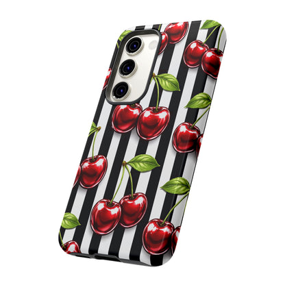 Cherry Pattern Phone Case Black White Stripe Retro Aesthetic Tough Cover