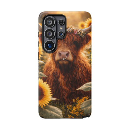 Highland Cow Sunflower Phone Case | Floral Farmhouse iPhone, Samsung Galaxy and Pixel Cover