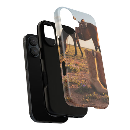 Western Cowboy Boots Phone Case – Rustic Horse Sunset Tough Case (iPhone, Samsung, Pixel)