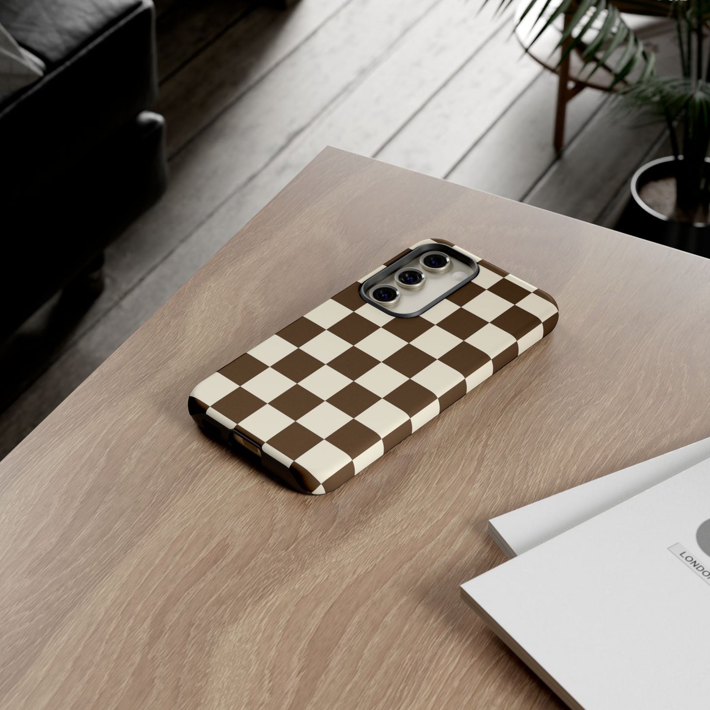 Mocha Checkerboard Phone Case | Neutral Aesthetic Checkered iPhone & Samsung Tough Case