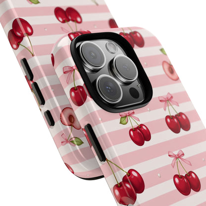 Coquette Cherry Bow Phone Case | Cute Pink Aesthetic Cherry Pattern Tough Case for iPhone & Samsung