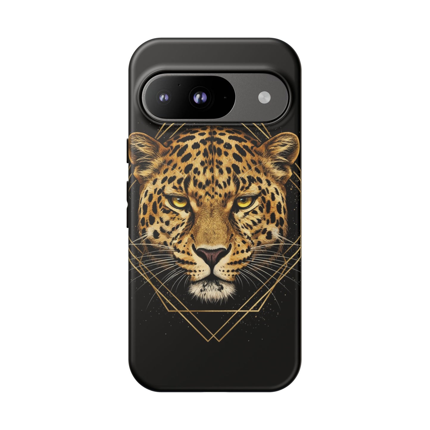 Leopard Head Geometric Phone Case – Black & Gold Luxe Tough Case