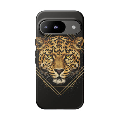 Leopard Head Geometric Phone Case – Black & Gold Luxe Tough Case