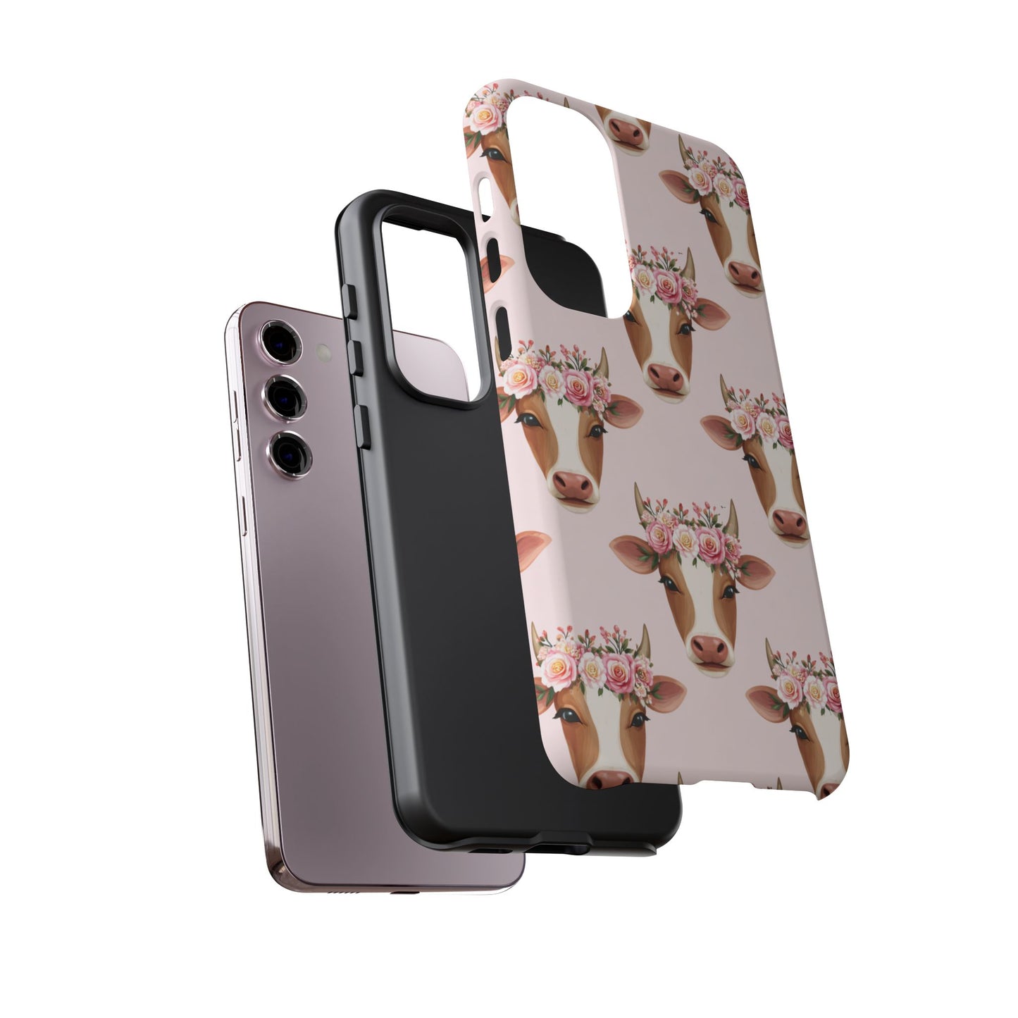 Floral Cow Phone Case – Cute Pink Cow Print Tough Protective Case for Iphone, Samsung Galaxy and Pixel