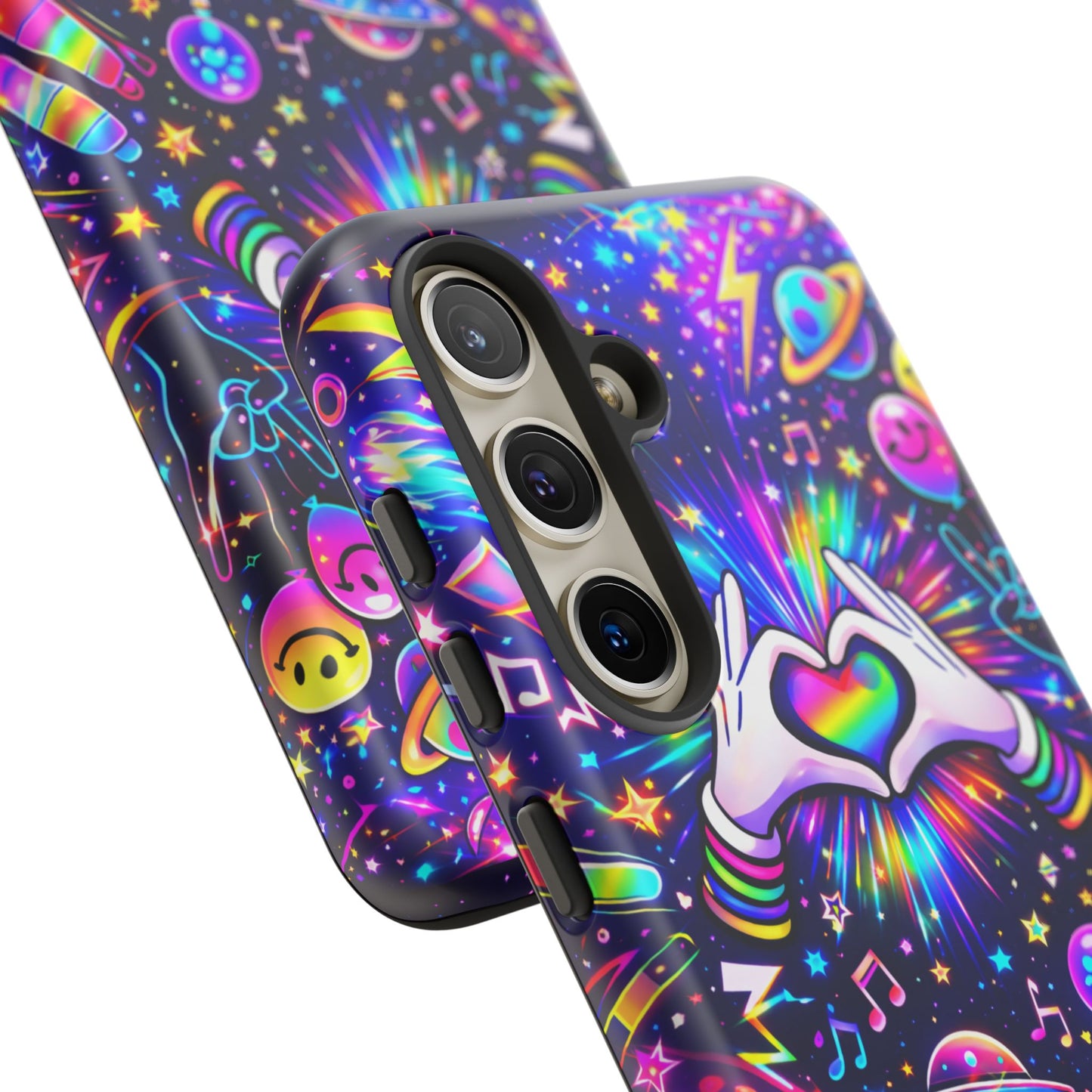 Rainbow Heart Hands Phone Case – Neon Galaxy EDM Festival Tough Cover