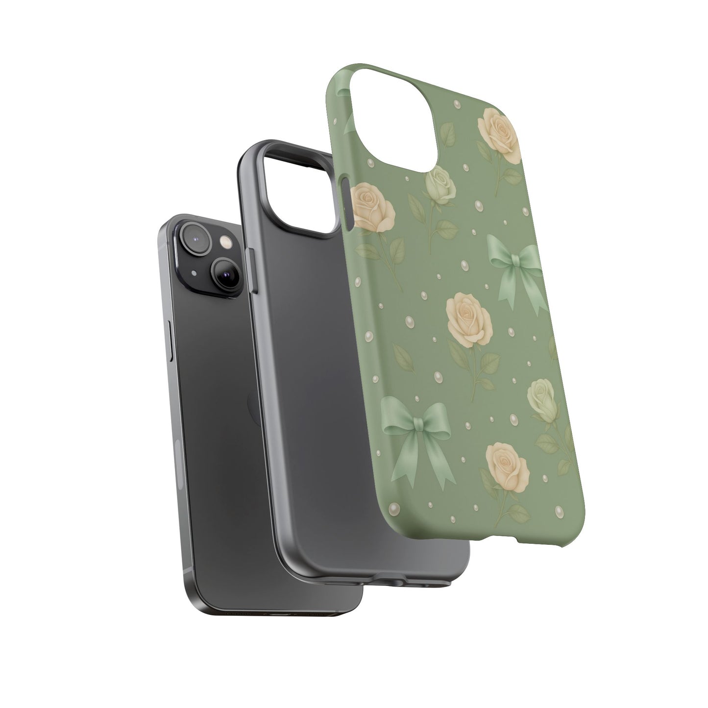 Vintage Rose Bow Phone Case – Sage Green Floral Coquette Aesthetic Tough Case (iPhone, Samsung, Pixel)