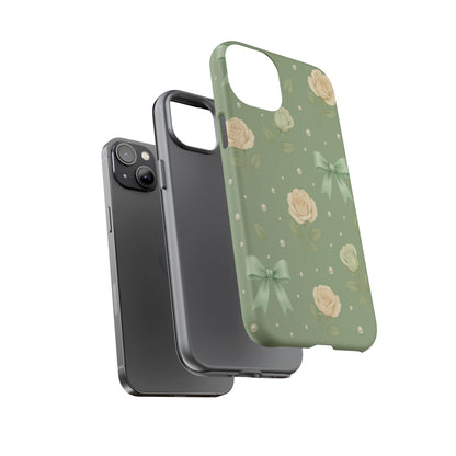 Vintage Rose Bow Phone Case – Sage Green Floral Coquette Aesthetic Tough Case (iPhone, Samsung, Pixel)