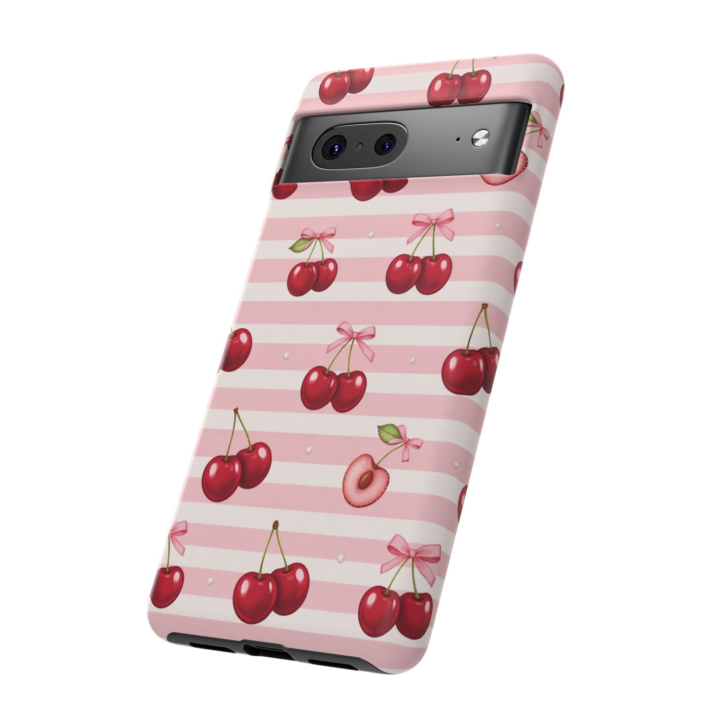 Coquette Cherry Bow Phone Case | Cute Pink Aesthetic Cherry Pattern Tough Case for iPhone & Samsung