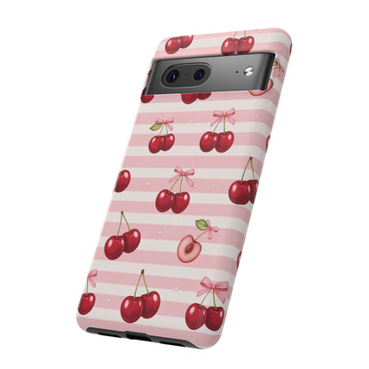 Coquette Cherry Bow Phone Case | Cute Pink Aesthetic Cherry Pattern Tough Case for iPhone & Samsung