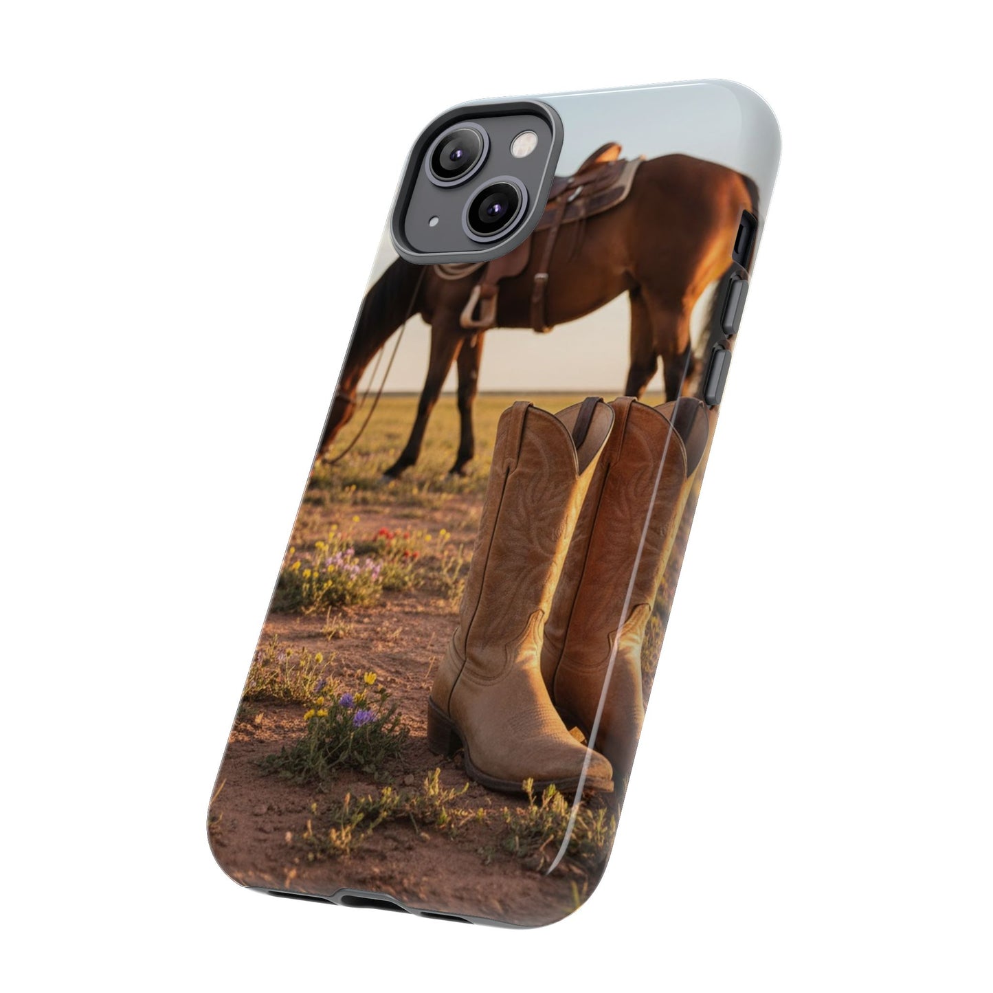 Western Cowboy Boots Phone Case – Rustic Horse Sunset Tough Case (iPhone, Samsung, Pixel)