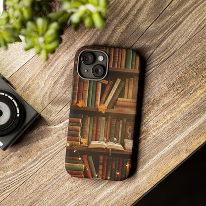 Cozy Vintage Bookshelf Phone Case, Library Aesthetic Book Stack, Autumn Coffee Vibes (iPhone, Samsung, Pixel)