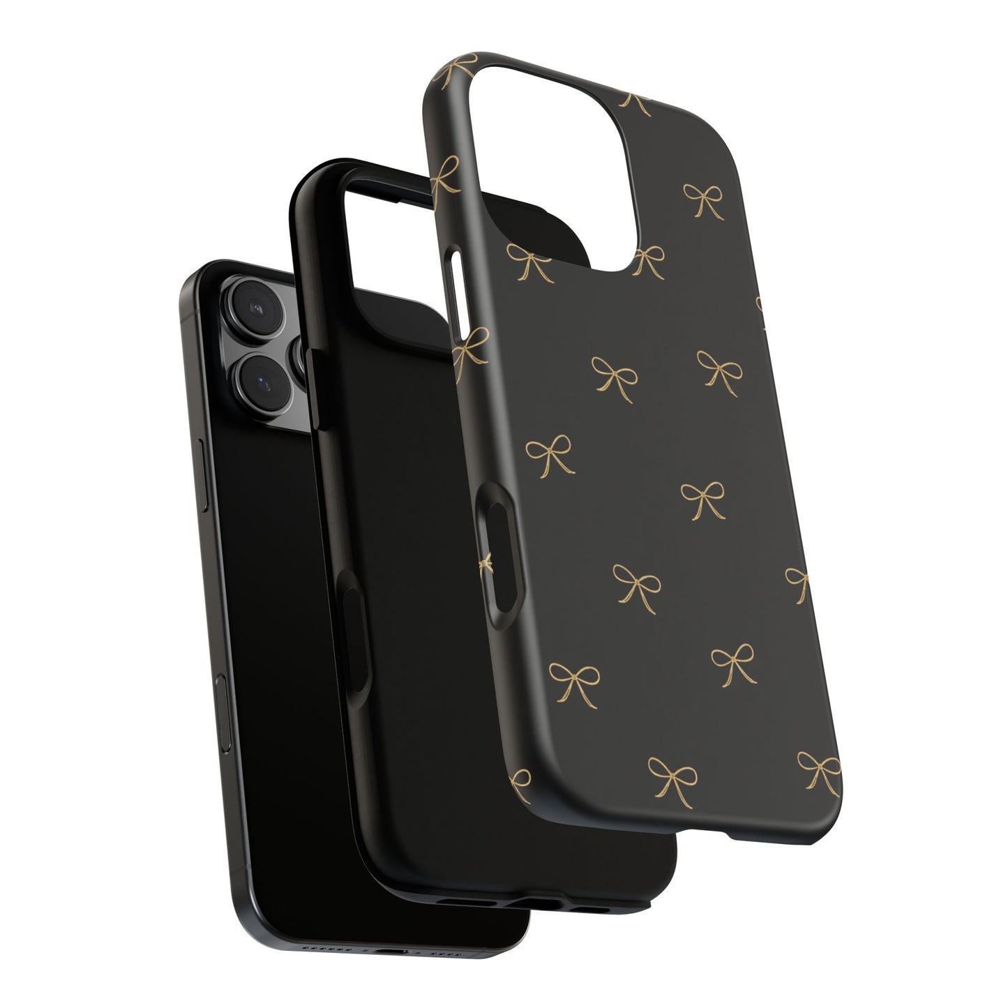 Black Phone Case with Gold Bow Pattern – Slim Protective Cute Aesthetic Cover for Iphone, Samsung Galaxy and Pixel