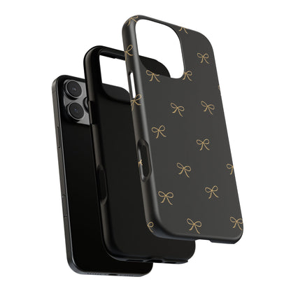 Black Phone Case with Gold Bow Pattern – Slim Protective Cute Aesthetic Cover for Iphone, Samsung Galaxy and Pixel