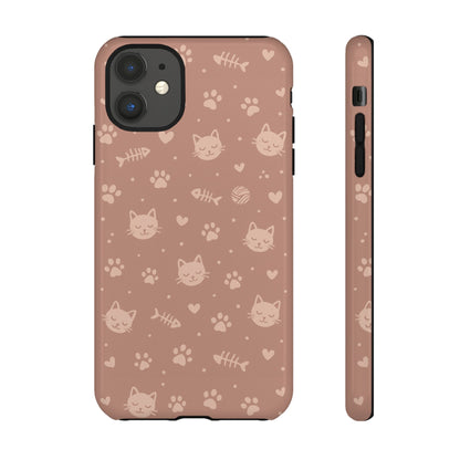 Cute Cat Pattern Phone Case | Paw Prints, Fishbone & Yarn Design Tough Case