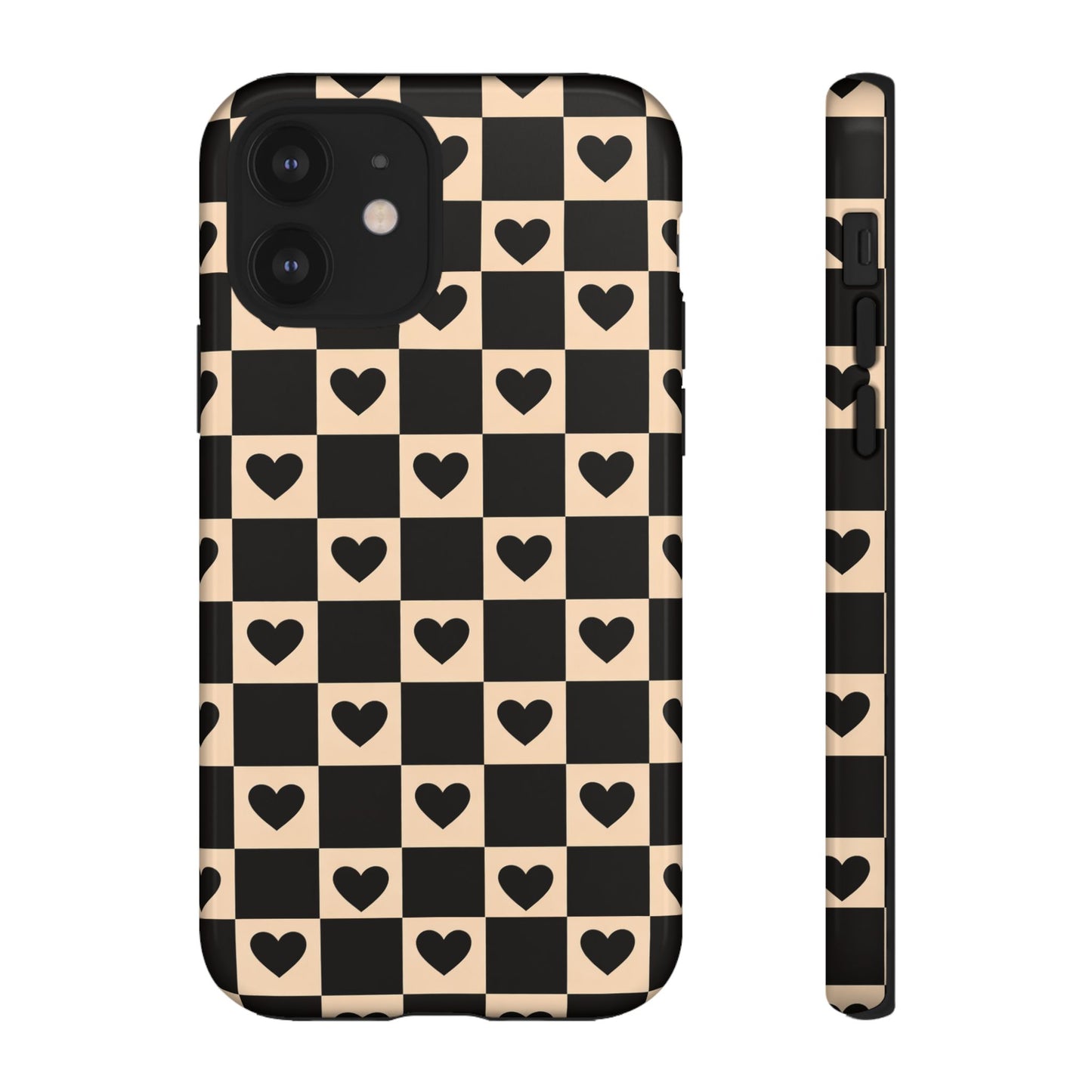 Checkerboard Heart Phone Case – Black & Beige Cute Aesthetic Protective Cover for Iphone, Samsung Galaxy and Pixel