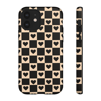 Checkerboard Heart Phone Case – Black & Beige Cute Aesthetic Protective Cover for Iphone, Samsung Galaxy and Pixel