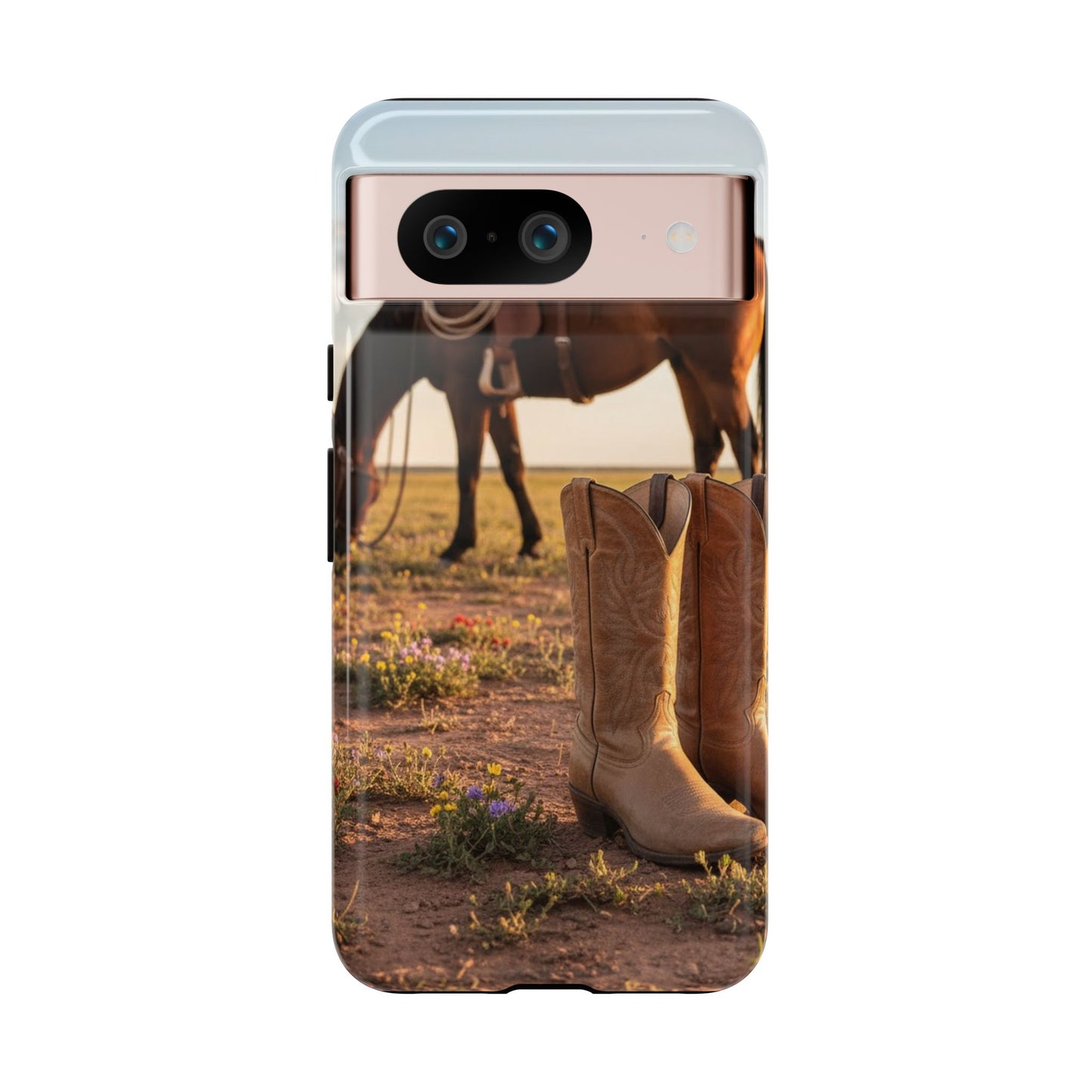 Western Cowboy Boots Phone Case – Rustic Horse Sunset Tough Case (iPhone, Samsung, Pixel)