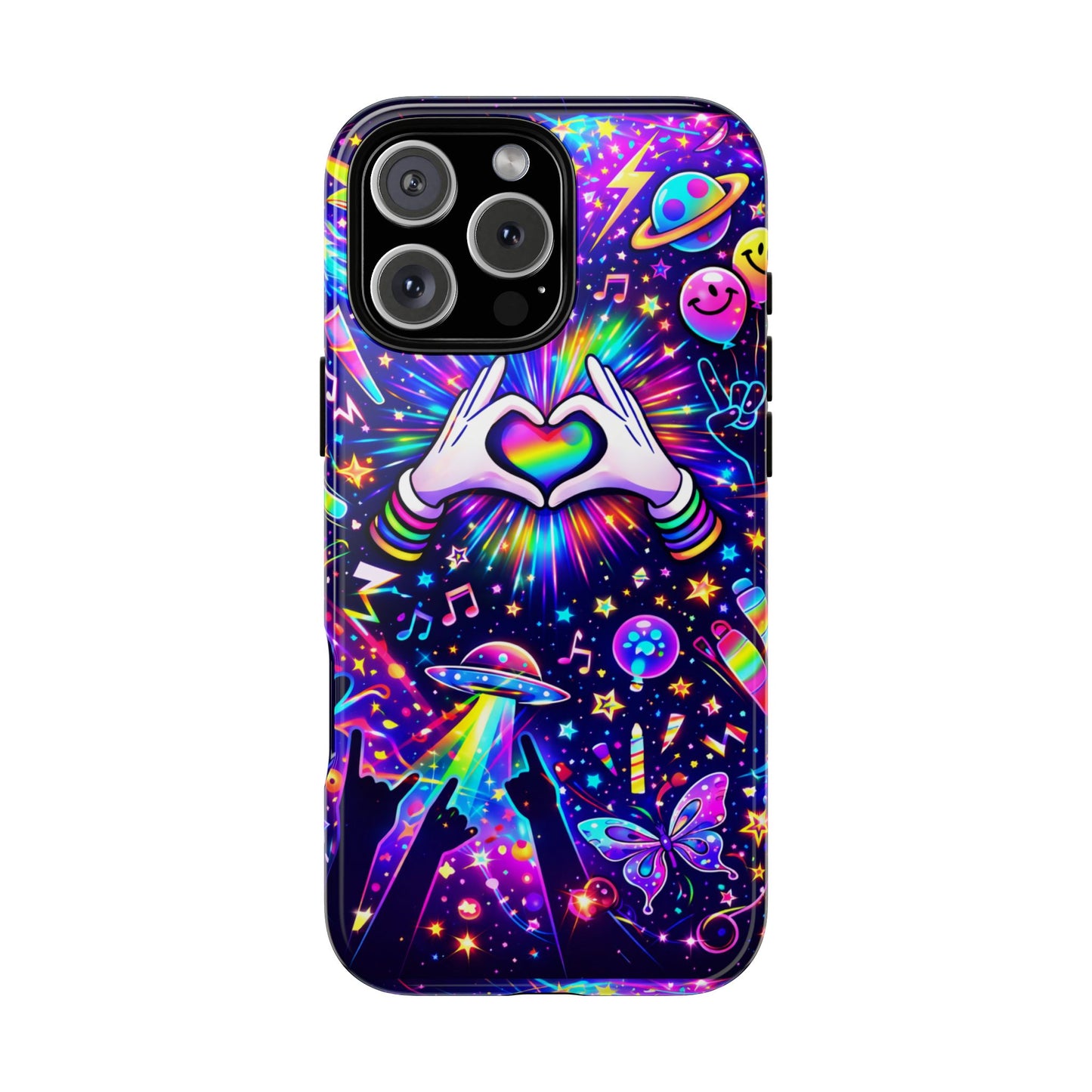 Rainbow Heart Hands Phone Case – Neon Galaxy EDM Festival Tough Cover
